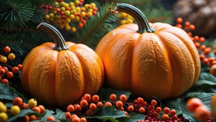 Pair of orange pumpkins beside red berries. Celebration decor.