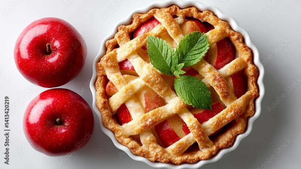 Poster pie with apples and mint leaves on top. the pie is surrounded by two apples. the pie is placed on a 