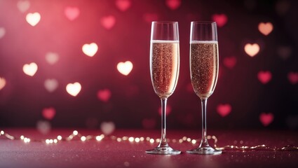 Two champagne flutes amid romantic bokeh and abstract heart shapes. Celebration background.