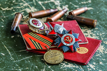 Orders and medals of the USSR.Awards of the Second world war close-up.Victory Day - 9 of may 1945....