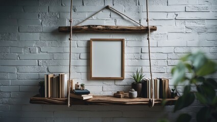 Brick wall decor featuring driftwood shelves and frame design