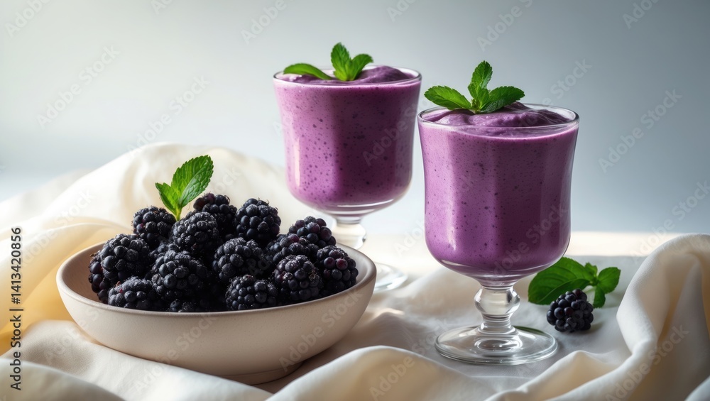 Poster two smoothie cups adorned with fresh berries and mint leaves set against a white table background wi
