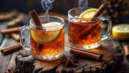 Two spiced whiskey, rum, apple, or brandy toddy drinks with cinnamon arranged on rustic wood