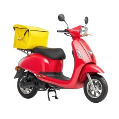  A red scooter with a yellow delivery box against a solid color background © PngStock
