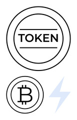 Circular token with token label, Bitcoin coin design, and a lightning bolt. Ideal for blockchain, cryptocurrency, digital payment, tokenization, fintech energy and innovation. Flat simple metaphor