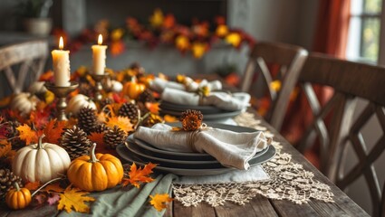 Fototapeta premium Time-honored Thanksgiving dinner, preparation for the feast, table presentation
