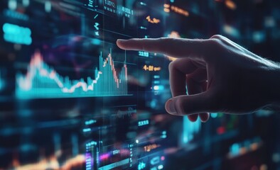 Hand points at financial data charts on a digital display screen.
