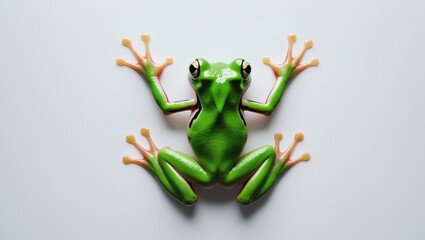 Aerial perspective of a tree frog set against a white background