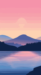 Obraz premium Tranquil sunset over mountain lake with serene silhouettes flat vector illustration