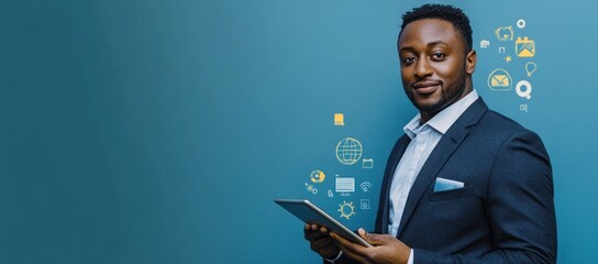 Man in suit holds tablet with digital icons on blue background.