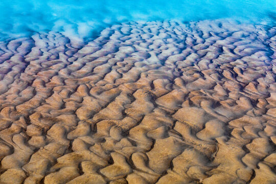 Canada, Golden, Kicking Horse River. Mud patterns on river bottom.