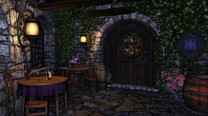 Fototapeta premium Medieval Tavern Patio Night Ambiance Romantic Dinner