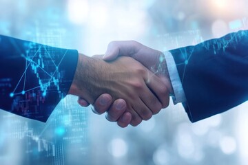 Two people shaking hands with blue digital network overlay business concept.
