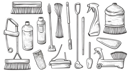 Professional hand-drawn set of cleaning products elements for versatile usage in design projects