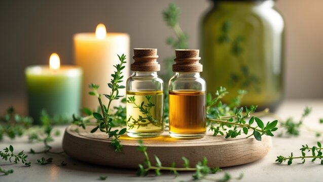 Thyme oil. Bottles with the extract, vibrant green plant leaves. Aromatherapy.