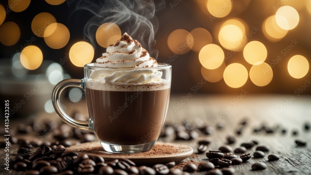 Poster a steaming mug of hot chocolate rests on a cozy table, adorned with whipped cream and a dusting of c