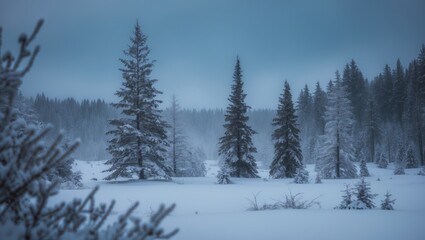 Fototapeta premium Winter scenery from National Park. Polar night, snow-covered trees and frost-adorned branches in an unspoiled forest in tranquil wilderness.