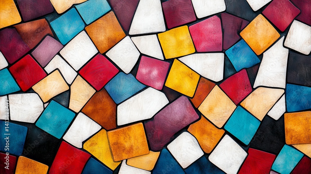 Poster geometric tiles feature various colors and shapes arranged irregularly across a dark background.