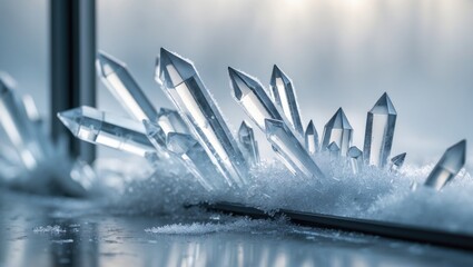 In this close-up shot, finely detailed hexagonal crystals extend icy limbs into the winter atmosphere, emerging from the gleaming surface of a window pane.