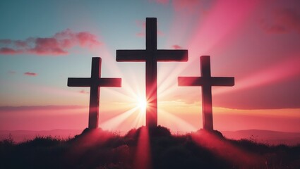 Three crosses set against a striking red sky