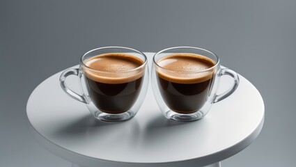 Two espresso glasses on a white table. Aroma, ristretto. Coffee mug. Glass. Close-up, top view.