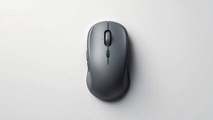 Overhead perspective of a black wireless mouse set against a white backdrop.