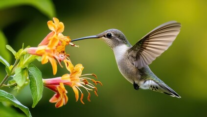 Fototapeta premium Hummingbird feeding on orange flowers in a garden setting with green background.