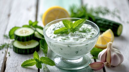 Glass bowl of Tzatziki sauce with ingredients - diced cucumber, mint, dill, garlic, set against a white wooden backdrop