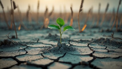 Fototapeta na wymiar Solitary green plant flourishes in parched, cracked soil, representing nature's resilience and the struggle against climate change, highlighting life's capacity to rebound and thrive.