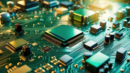 Fototapeta premium Background of electronic circuit board technology. Pattern of electronic plate. Circuitry, electrical diagram. Technological backdrop. Electronic microcircuit featuring microchips and capacitors