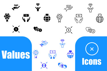 Core Values Editable Icons set. Vector illustration of icons: happiness, work, community, and more. Pictograms and infographics for mobile apps