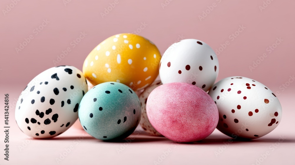 Poster row of colorful eggs with black spots on them. the eggs are arranged in a pyramid shape
