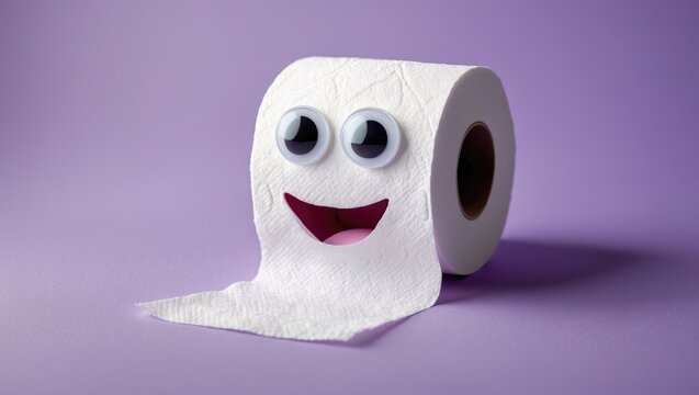 Eyes placed on toilet paper set against a purple background. Amusing face concept.