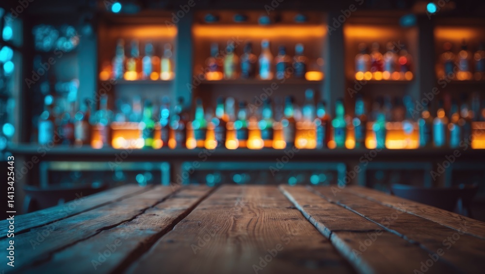 Poster wooden table with a softly blurred liquor bar in the background