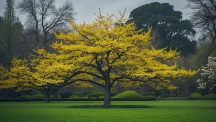 Fototapeta premium Yellow-blooming Magnolia trees in early spring at the Gardens
