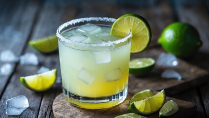 Fototapeta premium Margarita. Timeless classic cocktail. Prepared with tequila, fresh lime juice, agave syrup, and orange juice. Presented in a rimmed tumbler over ice and adorned with a lime.