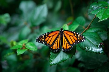 A monarch butterfly resting on a green leaf in a garden with blurred background of foliage view top