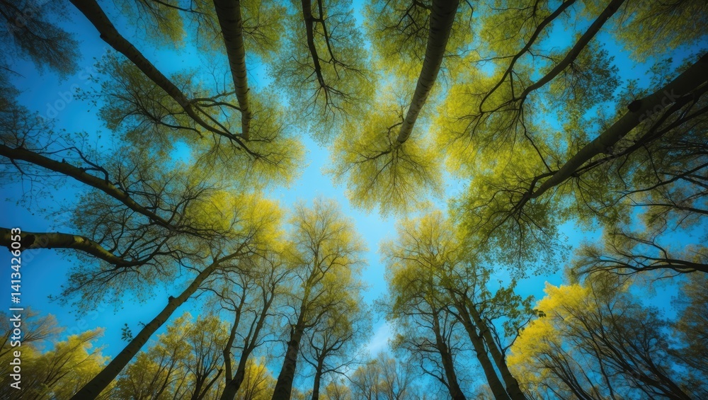 Aufkleber gazing at the treetops in the forest with yellow flowers and the first leaves of oak and aspen trees