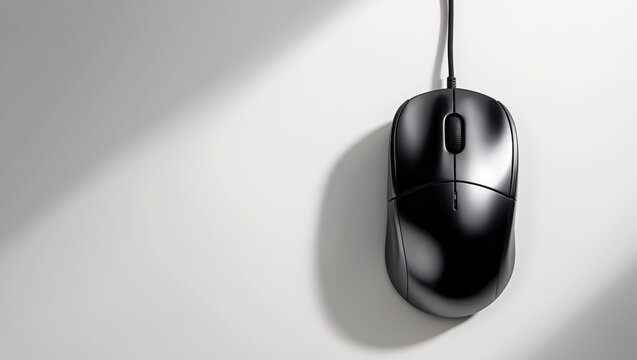 Bird's-eye view of a black computer mouse set against a white background