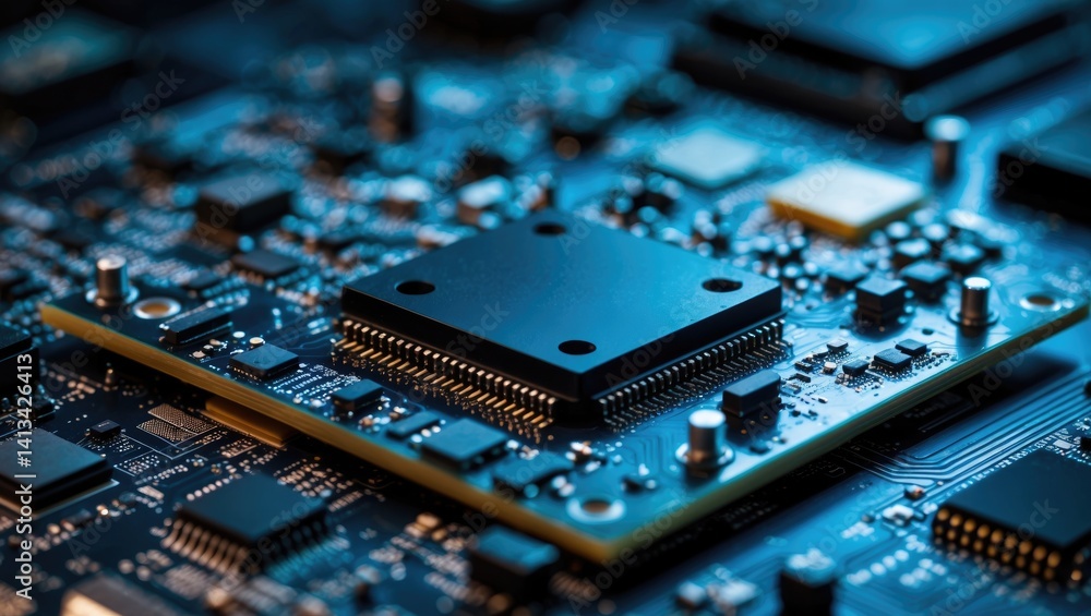 Poster detailed macro image of a printed circuit board with microchips and additional components amidst man