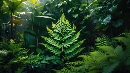 Macro image of green fern foliage. The plant has bloomed. Fern set against a green plant backdrop.