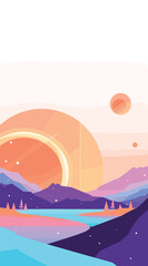 Surreal landscape with planetary sunset and mountains flat vector illustration