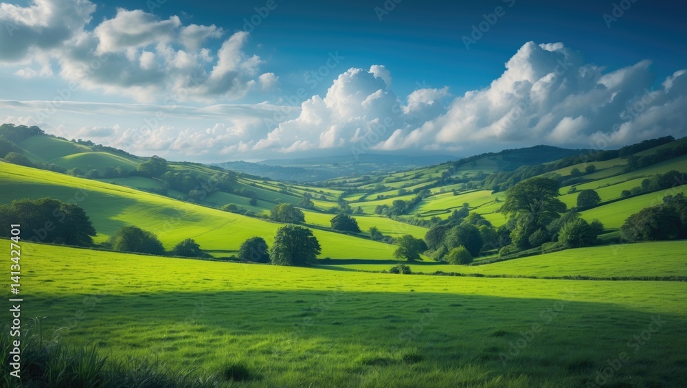 Poster hilly landscape featuring fields and trees under a cloudy sky
