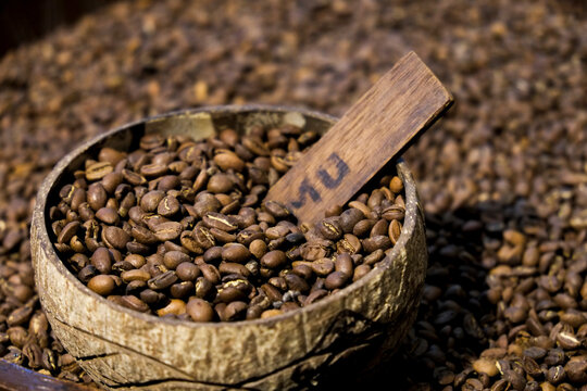 Brussels, Belgium. Roasted coffee beans for sale in bin at coffee shop
