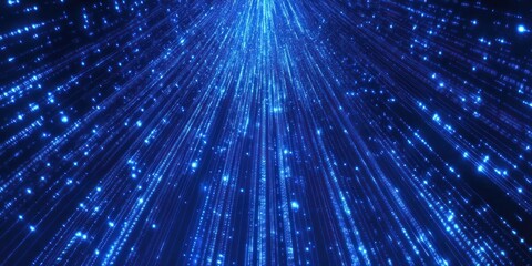 Naklejka premium Abstract blue light streaks radiate from a central point in the darkness.