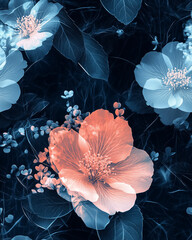 Dreamlike Red-Pink Flower Amid Blue Floral Scene Seamless Pattern