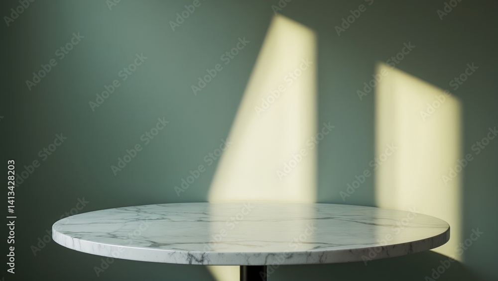 Poster marble table casting a shadow on a white wall backdrop for product mockup display