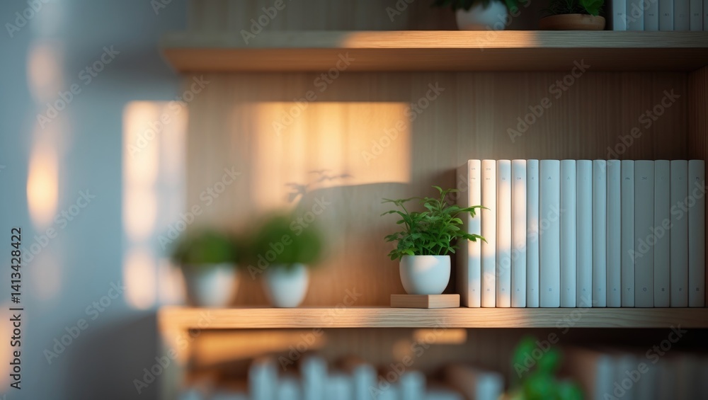 Poster fuzzy background of an elegantly arranged bookshelf reflecting the charm of a comfortable home, fill