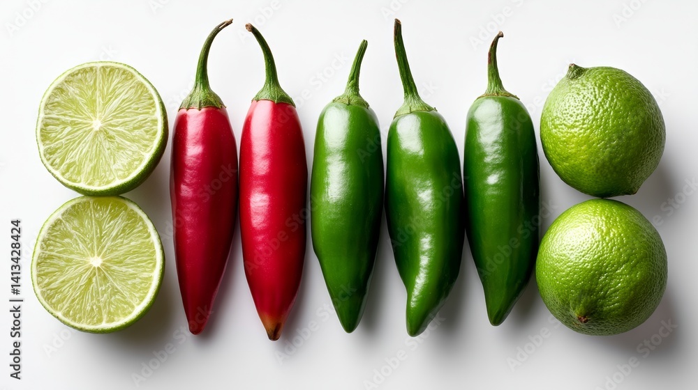 Poster row of green and red peppers and limes are arranged on a white background. the peppers are in variou