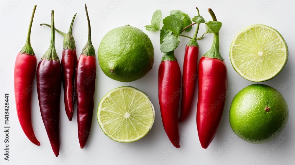Aufkleber row of red peppers and green limes are arranged on a white background. the peppers are in various si